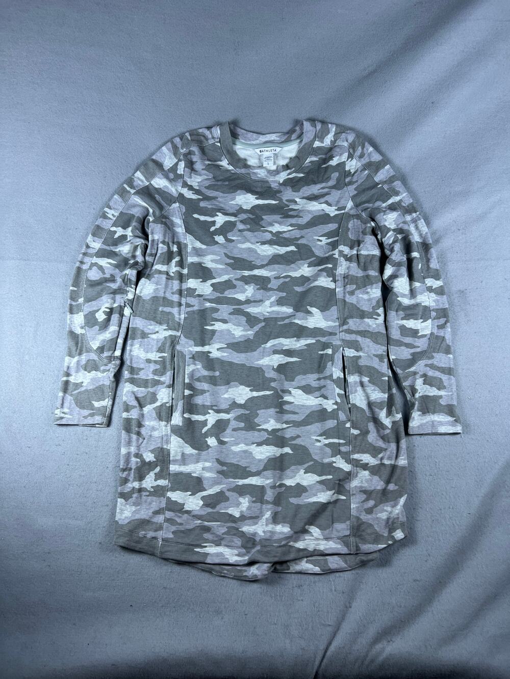 Athleta Balance Dress Womens L Luxe Gray Crew Neck Camo Long Sleeve Tunic Mini